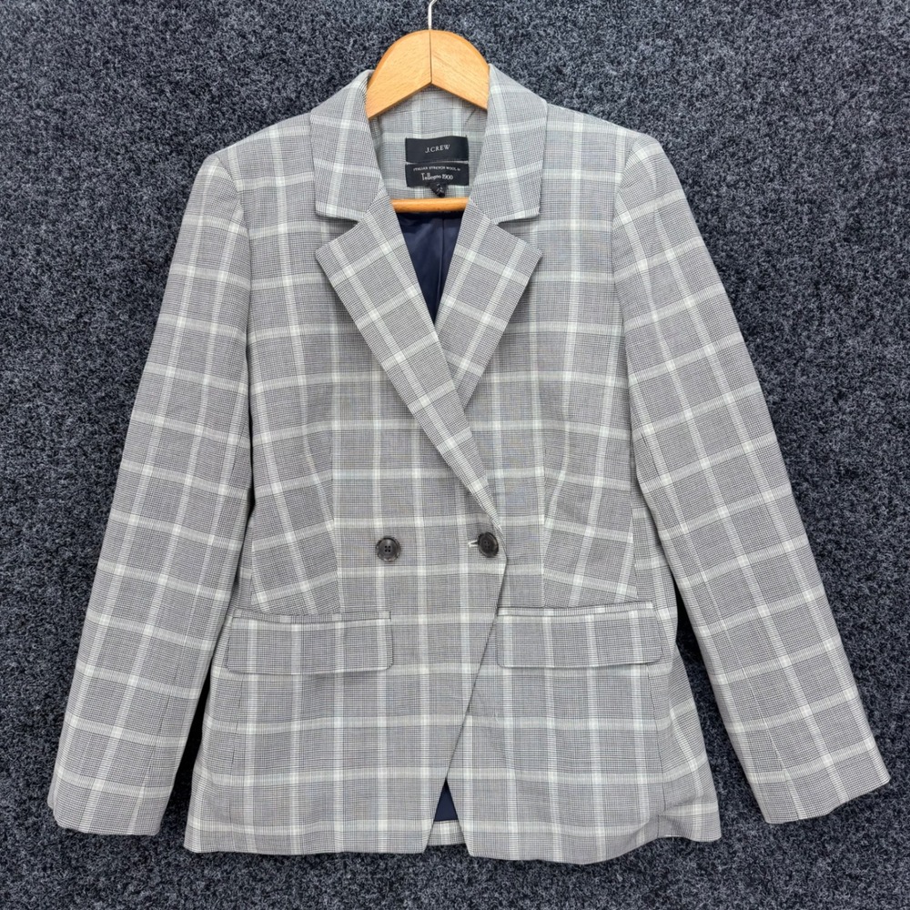 J.Crew Parke Blazer Italian Stretch Wool Tollegno 1900 Grey Plaid Size 0